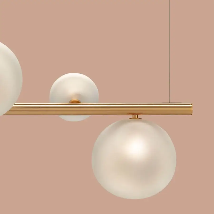 Distinguished Euroluce Bubbles Suspension Lamp, a fixture in frosted glass with a satin gold-toned metal rod crafted in Italy