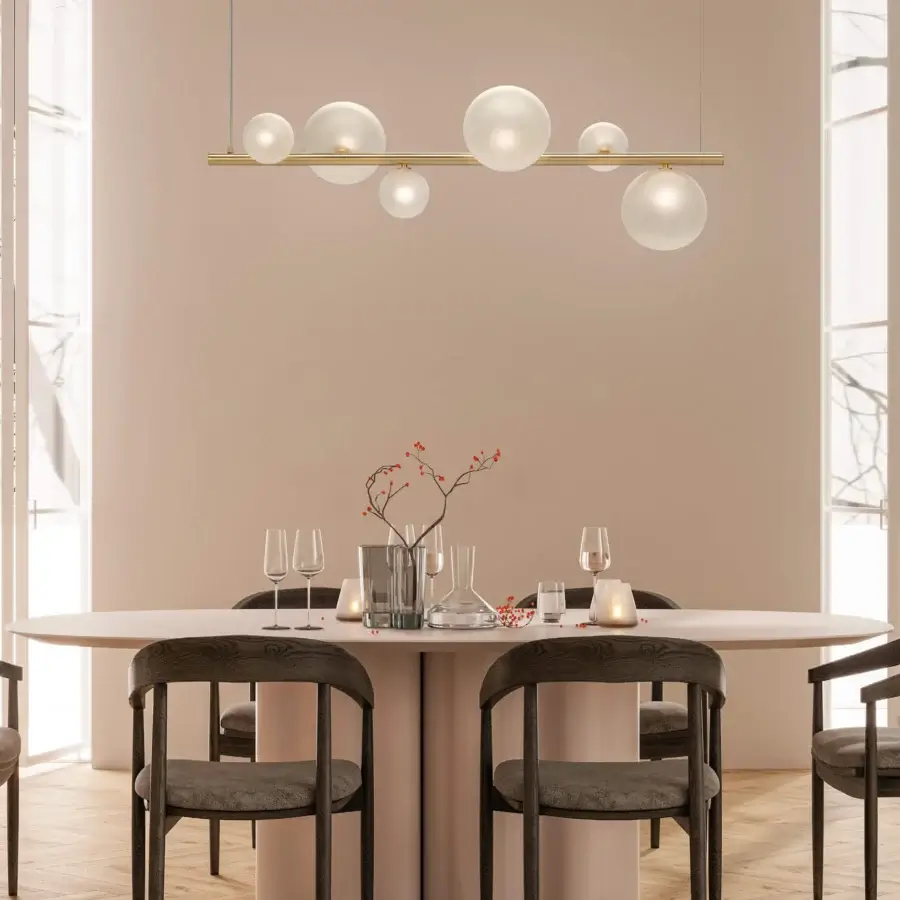 Exceptional Euroluce Bubbles Suspension Lamp, a linear fixture crafted with translucent glass spheres and satin gold metal