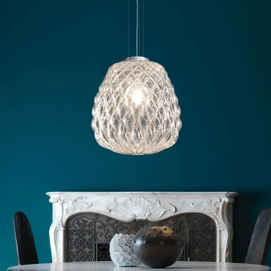 Distinguished FontanaArte Pinecone suspension lamp crafted in clear glass with a glossy galvanic-treated metal cage projecting kaleidoscopic shade effects