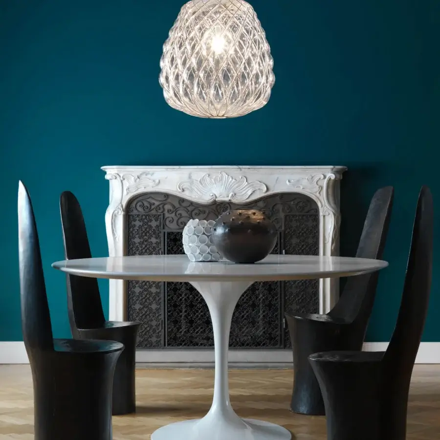 Elegant FontanaArte Pinecone suspension lamp crafted in clear caged blown glass with a glossy galvanic finish