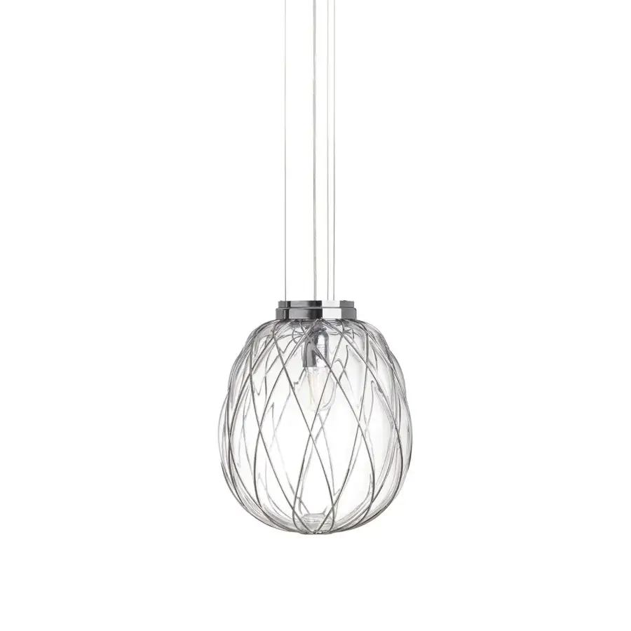 Exceptional FontanaArte Pinecone suspension lamp crafted in transparent caged blown glass with a glossy galvanic metal frame