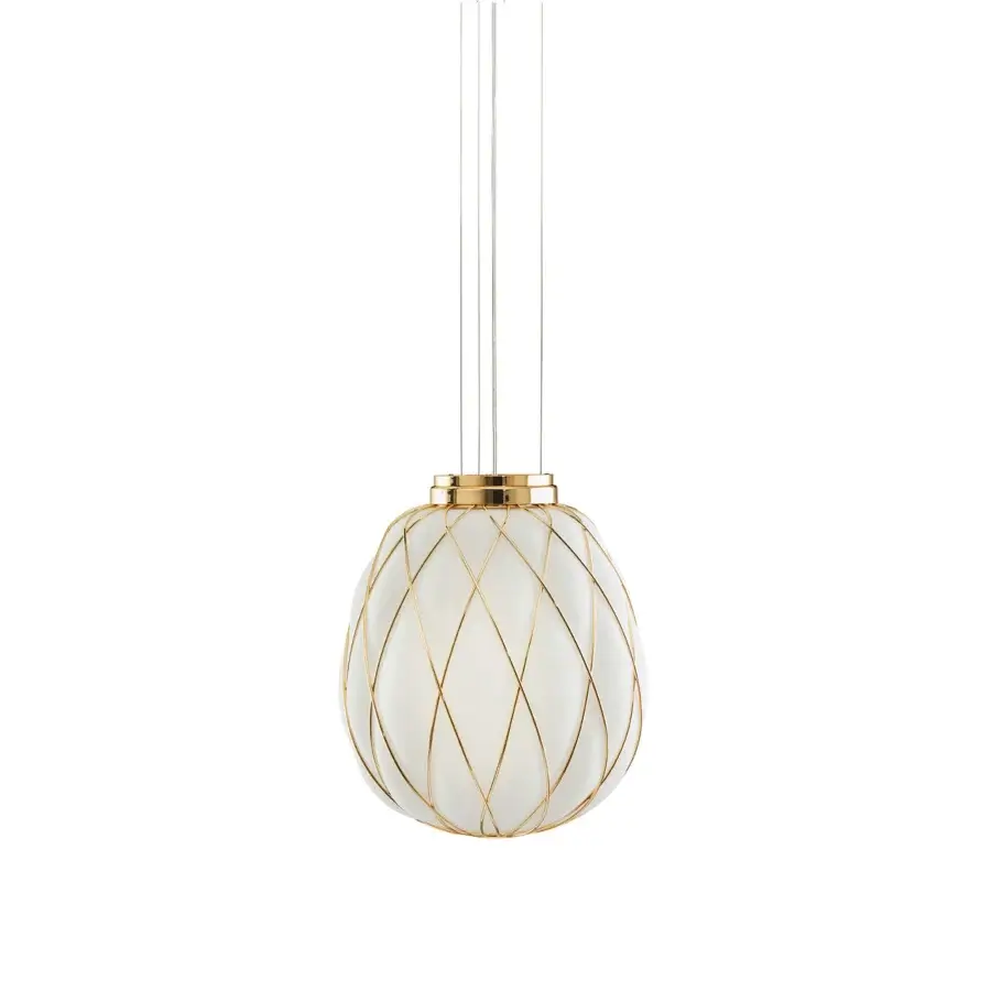 Elegant FontanaArte Pinecone suspension lamp crafted in transparent caged blown glass with glossy galvanic-treated metal framework