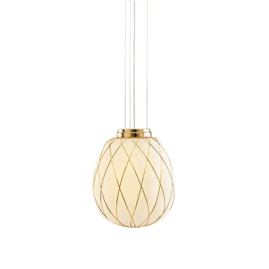 Distinguished FontanaArte Pinecone suspension lamp crafted in transparent caged blown glass with a warm pale gold galvanic metal framework
