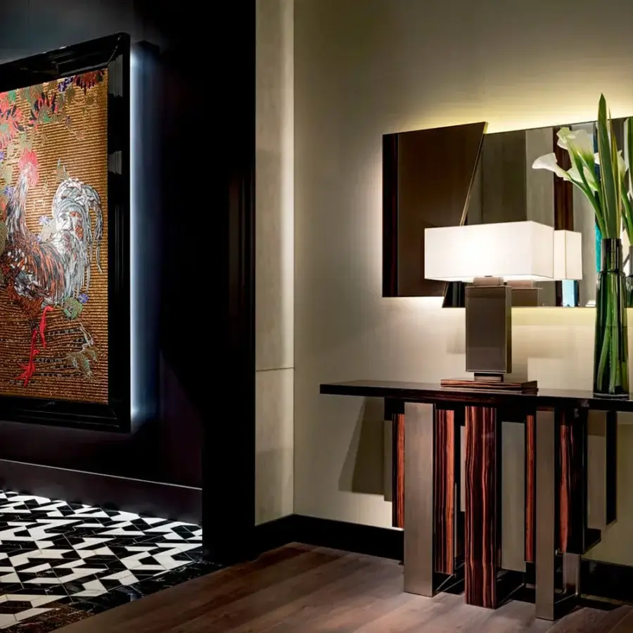 Superior Sicis Totem Mirror, a contemporary accent crafted with ebony wood and a refined liquid metal band with Vetrite glass