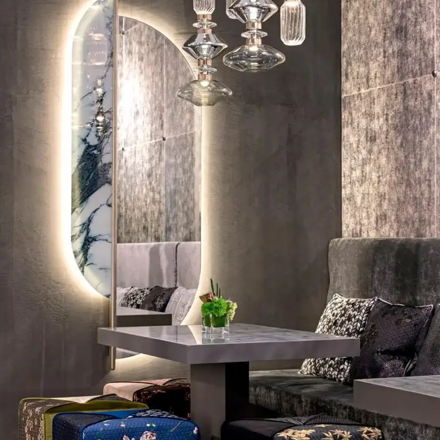 Distinguished Sicis Shared Mirror with swirling grey and white Vetrite glass, extra-clear mirror, plus coated lacquer solid wood construction