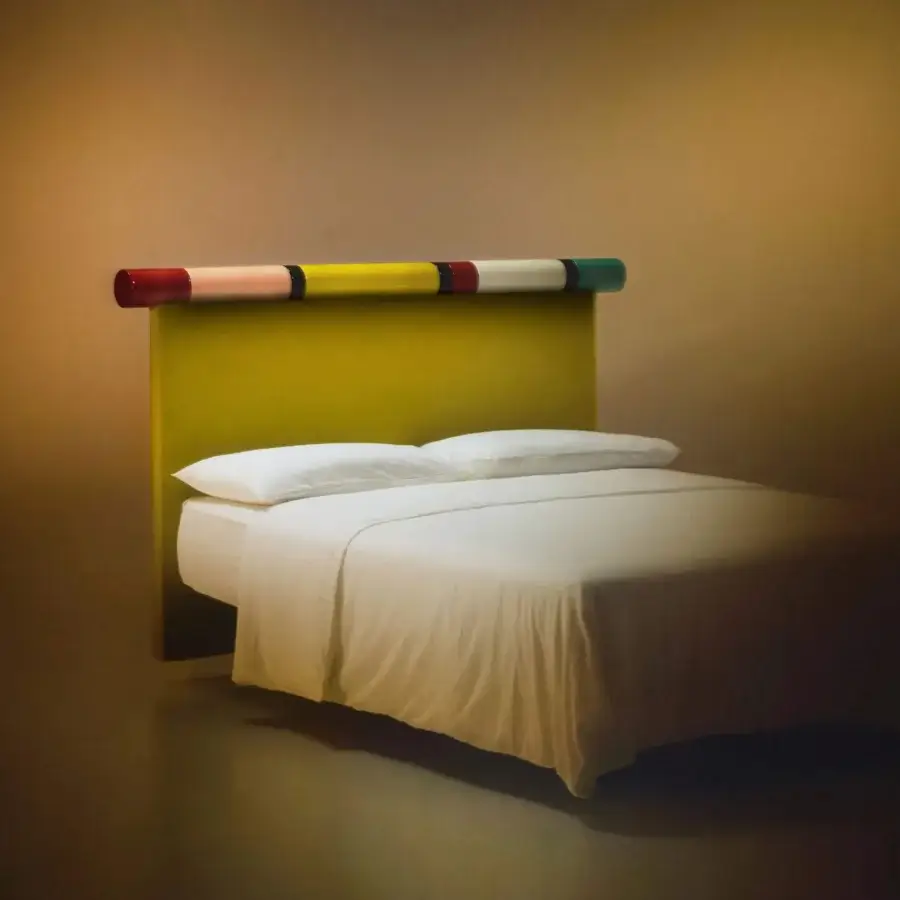 Exceptional Bolzan Letti Rosary headboard built with wool batting, Pierre Frey velvet and unique Nove ceramic cylinders in red, white, teal hues
