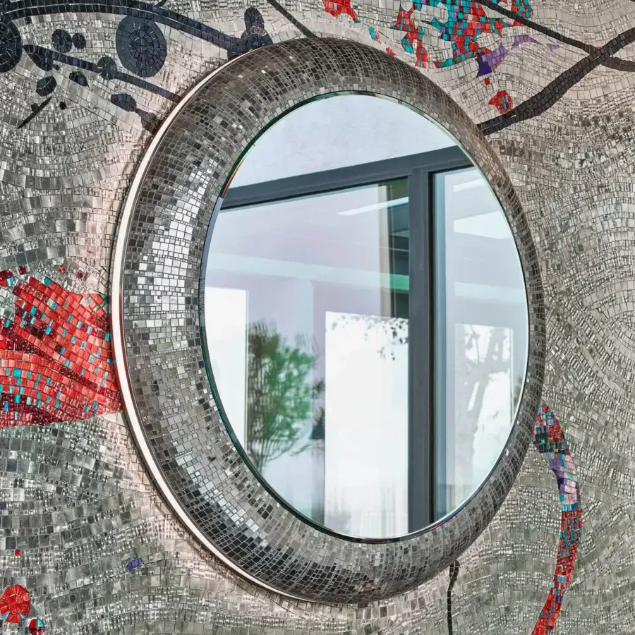 Distinguished Sicis Fluxus mirror with gray and colorful mosaic tiles plus coated lacquered backdrop and integrated LED backlighting
