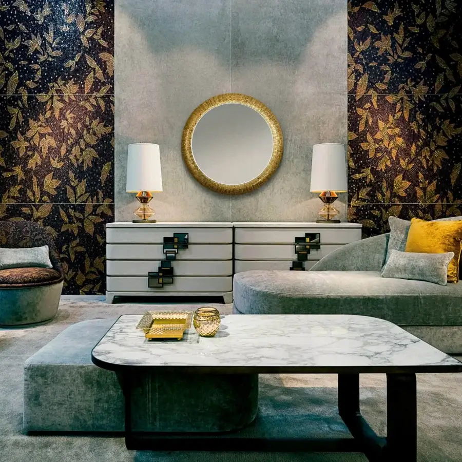 Lavish Sicis Fluxus mirror crafted with minute mosaic and smooth coated lacquered surface in bright gold tone
