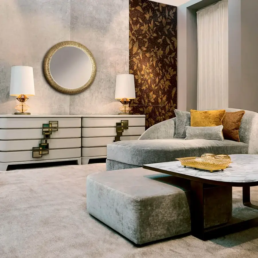 Superior Sicis Fluxus mirror with gold-toned metallic frame, radiating texture and hand-laid mosaic plus lacquered finish