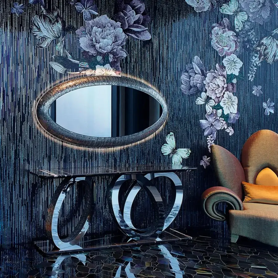 Exceptional Sicis Fluxus mirror with a dark metallic mosaic frame and integrated LED backlighting illuminating its swirling design