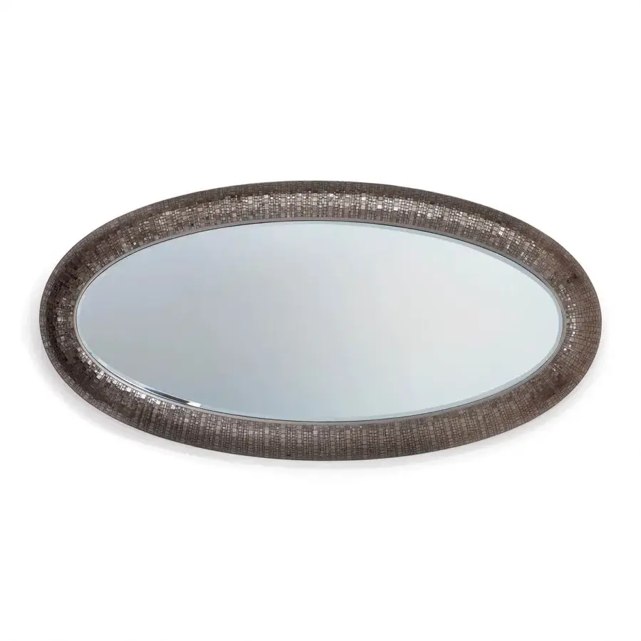Superior Sicis Fluxus mirror with gray mosaic tilework and lacquered finish, illuminated by integrated backlighting