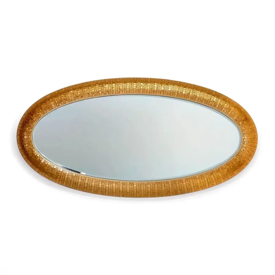 Distinguished Sicis Fluxus mirror with golden-yellow mosaic tiles and smooth lacquered finish, integrating LED backlighting