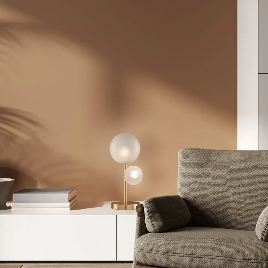 Exceptional Euroluce Bubbles table lamp built with translucent white glass and polished golden metal stem
