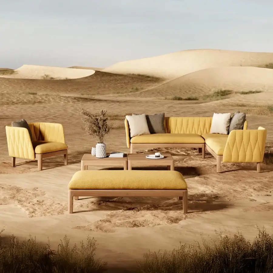 Distinguished Royal Botania Calypso Lounge sectional with teak base and comfortably padded cushions in golden yellow woven fabric with stainless steel accents