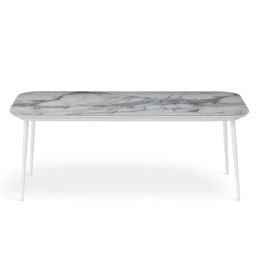 Distinguished Sicis Filicudi table with a white and gray Vetrite top and matte white lacquered aluminum conical legs