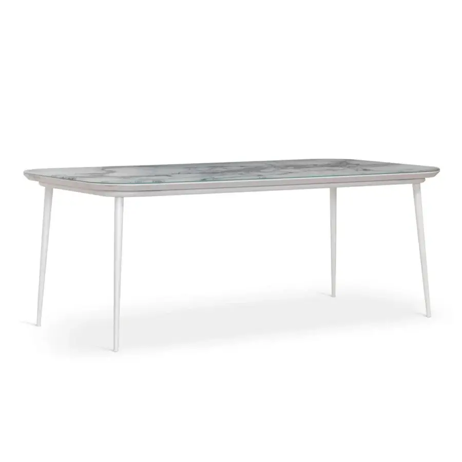 Elegant Sicis Filicudi table with a grey veined Vetrite top and matte white lacquered aluminum base crafted for outdoor use