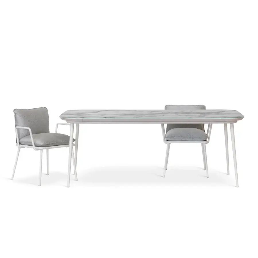 Captivating Sicis Filicudi table with a grey Vetrite top displaying white veining and glossy lacquered aluminum legs