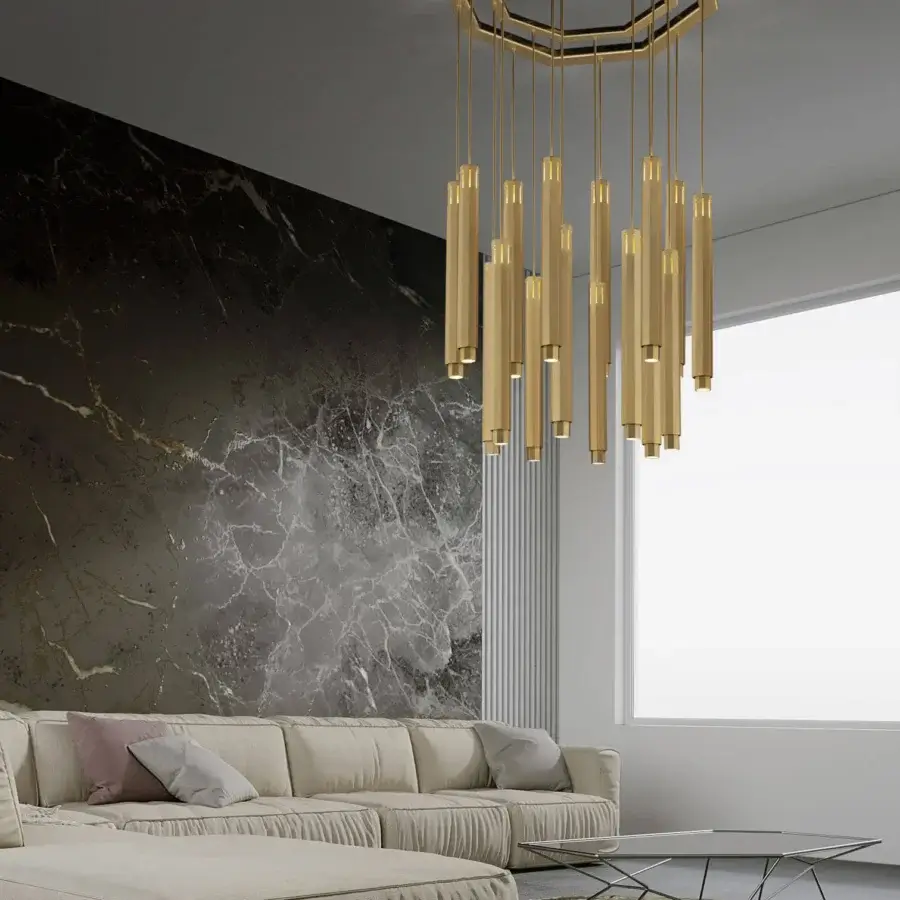 Exceptional Euroluce Castel suspension lamp crafted in metal with a glossy rich gold finish and geometric tiers
