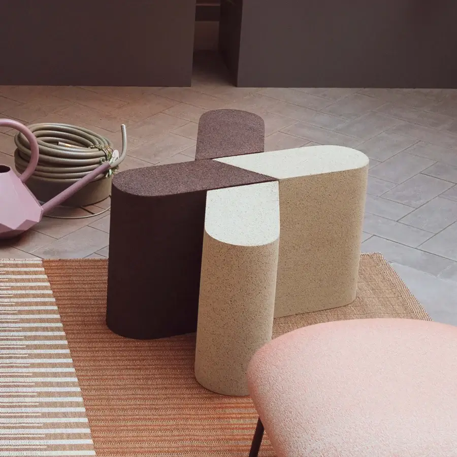 Distinguished Bross Slice Modular Coffee Table with interconnected cork modules in terracotta, beige, and reddish-brown tones and matte finish