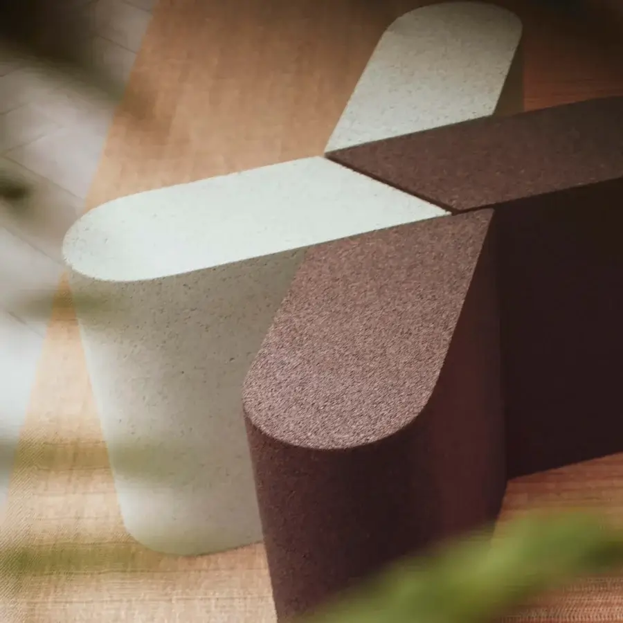Superior Bross Slice Modular Coffee Table with natural cork module and reddish-brown base in a textured matte finish
