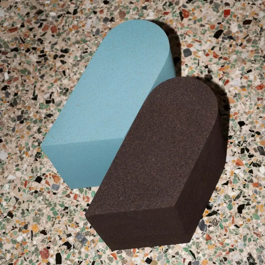 Elegant Bross Slice Modular Coffee Table with dark brown and muted teal cork modules finished with matte texture