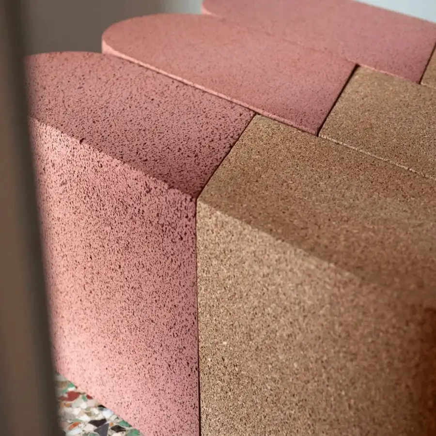 Exceptional Bross Slice Modular Coffee Table with chromatic division in textured cork and warm brown wood composite with matte finish