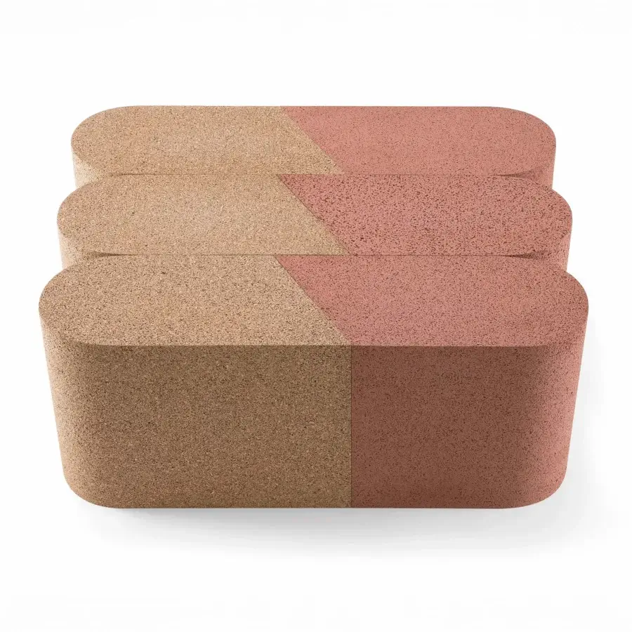 Superior Bross Slice Modular Coffee Table with geometric design in light beige and reddish-brown cork with matte finish