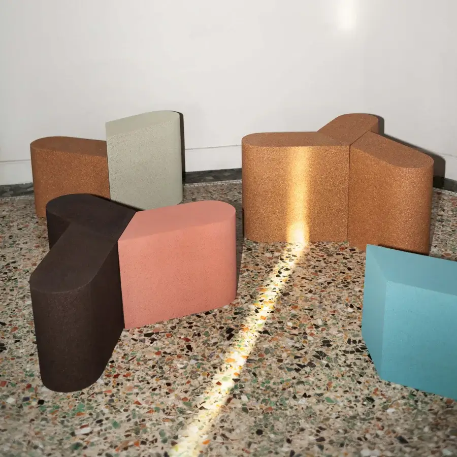 Elegant Bross Slice Modular Coffee Table with an asymmetrical form in muted olive green porous cork and lacquered finish