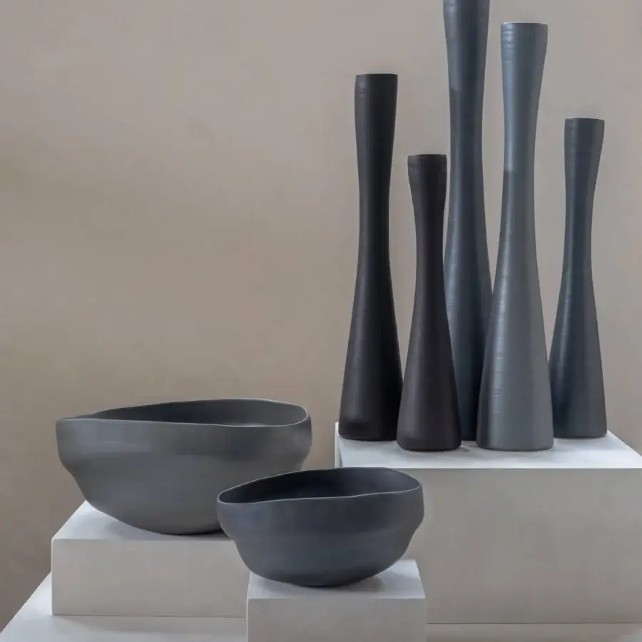 Exceptional Rina Menardi Flauti vase, a sculpted décor piece handcrafted in muted dark gray baked clay