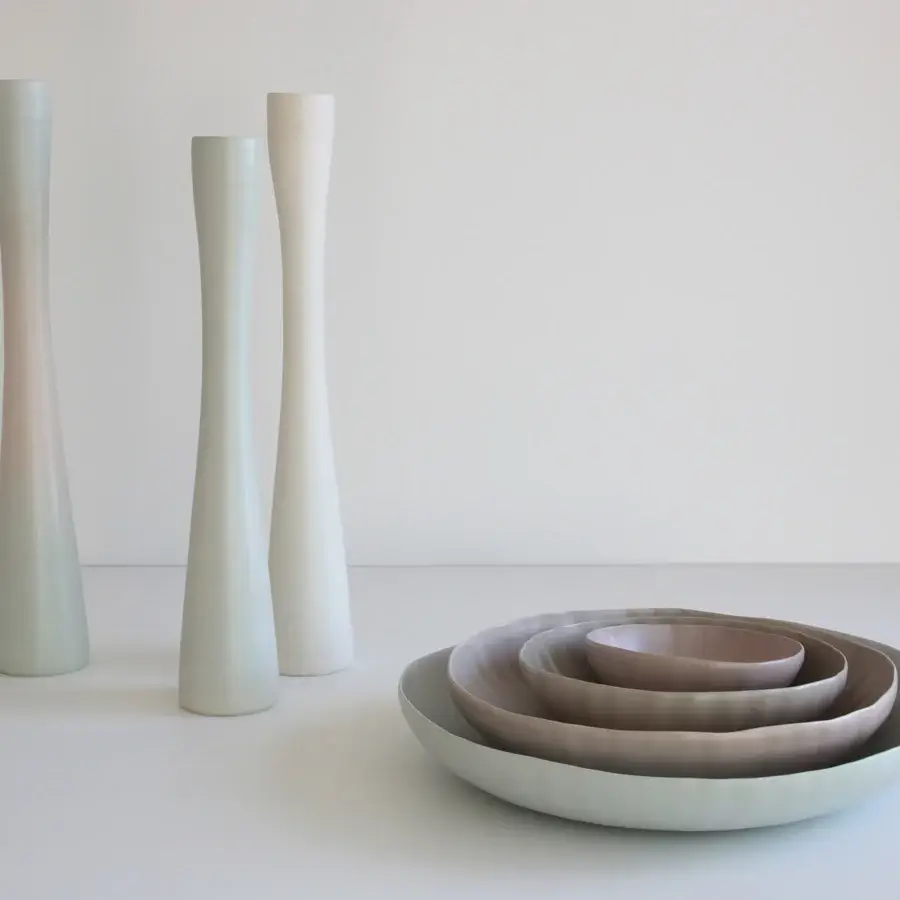 Superior Rina Menardi Flauti vase, a slender décor piece crafted in baked clay with a muted grey-green matte finish