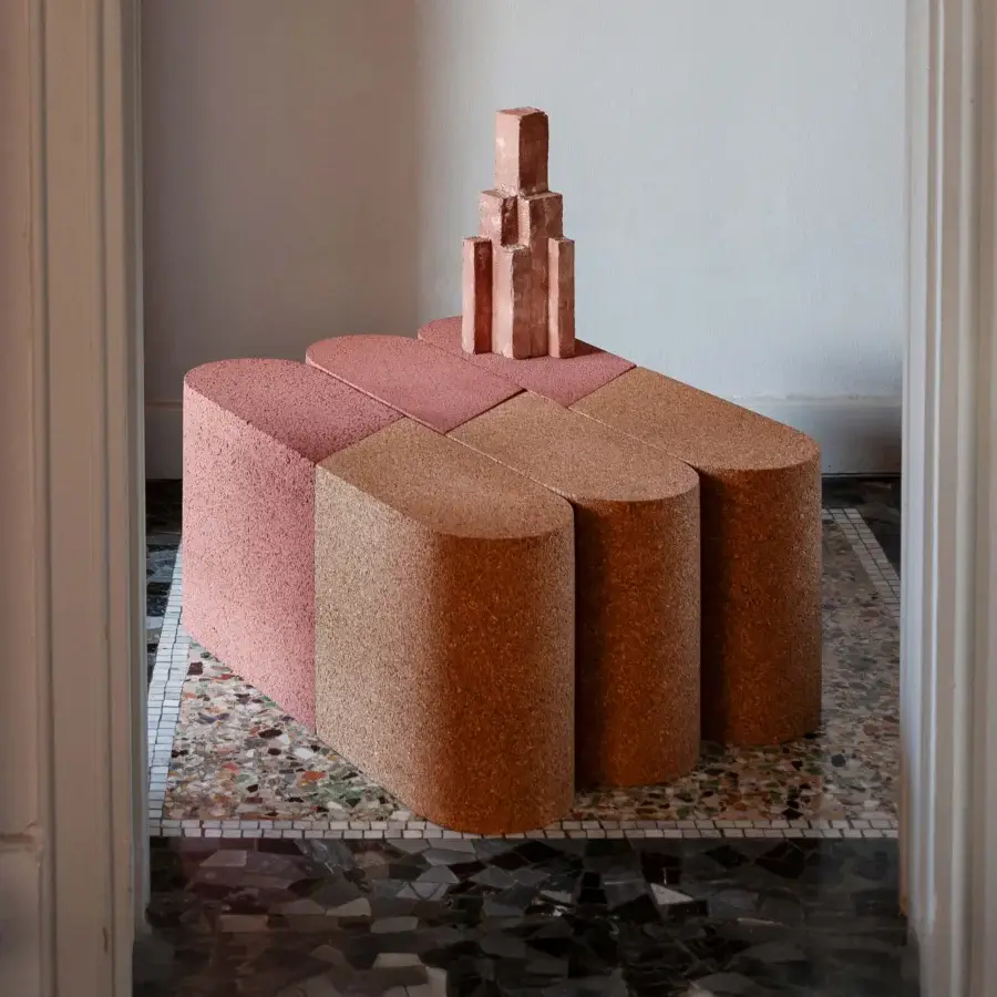 Distinguished Bross Slice Modular Coffee Table, a contemporary coffee table with textured cork modules in a muted rose terracotta finish