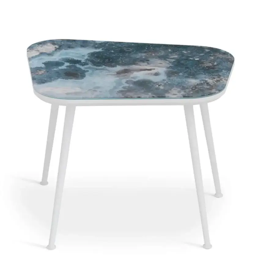 Captivating Sicis Filicudi table, a side and coffee table with swirling blue, gray, and white Vetrite and matte white lacquer aluminum legs