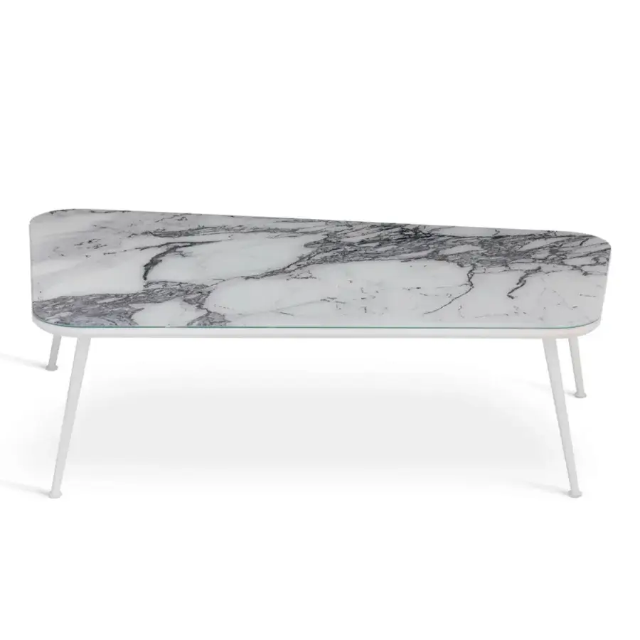 Superior Sicis Filicudi table, a side and coffee table crafted in white marble-effect Vetrite with matte white lacquered aluminum legs