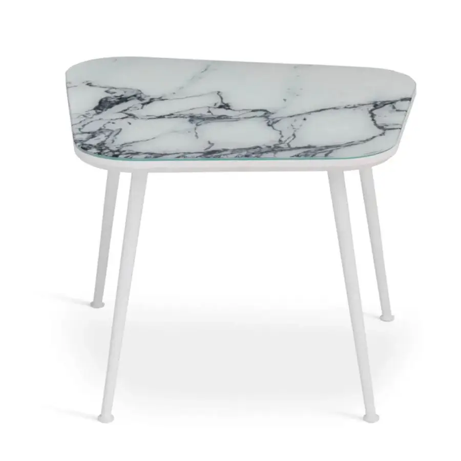 Distinguished Sicis Filicudi side & coffee table with Vetrite top and light blue-green edge in matte white powder-coated aluminum