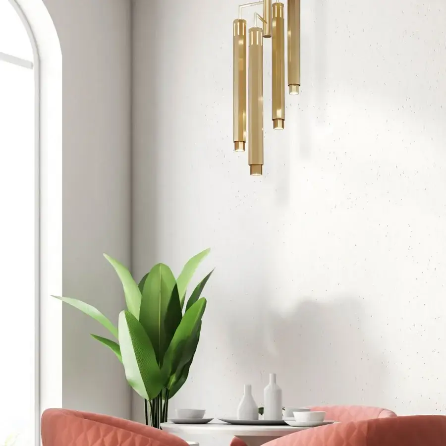 Distinguished Euroluce Castel suspension lamp crafted from metal with a warm gold glossy finish and stacked cylindrical elements