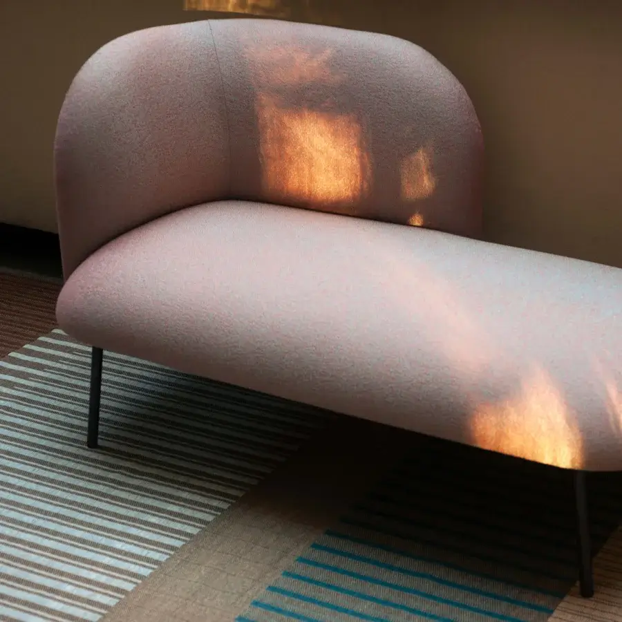 Exceptional Bross SIT Outdoor chaise lounge in muted pink textile fabric with a dark metal rod frame and matte finish