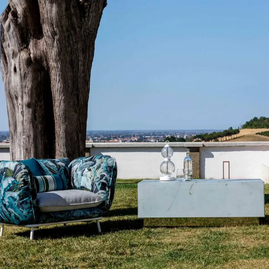 Innovative Sicis Panarea side & coffee table with backlit Vetrite gem glass and polished stainless steel base exhibiting a smooth finish