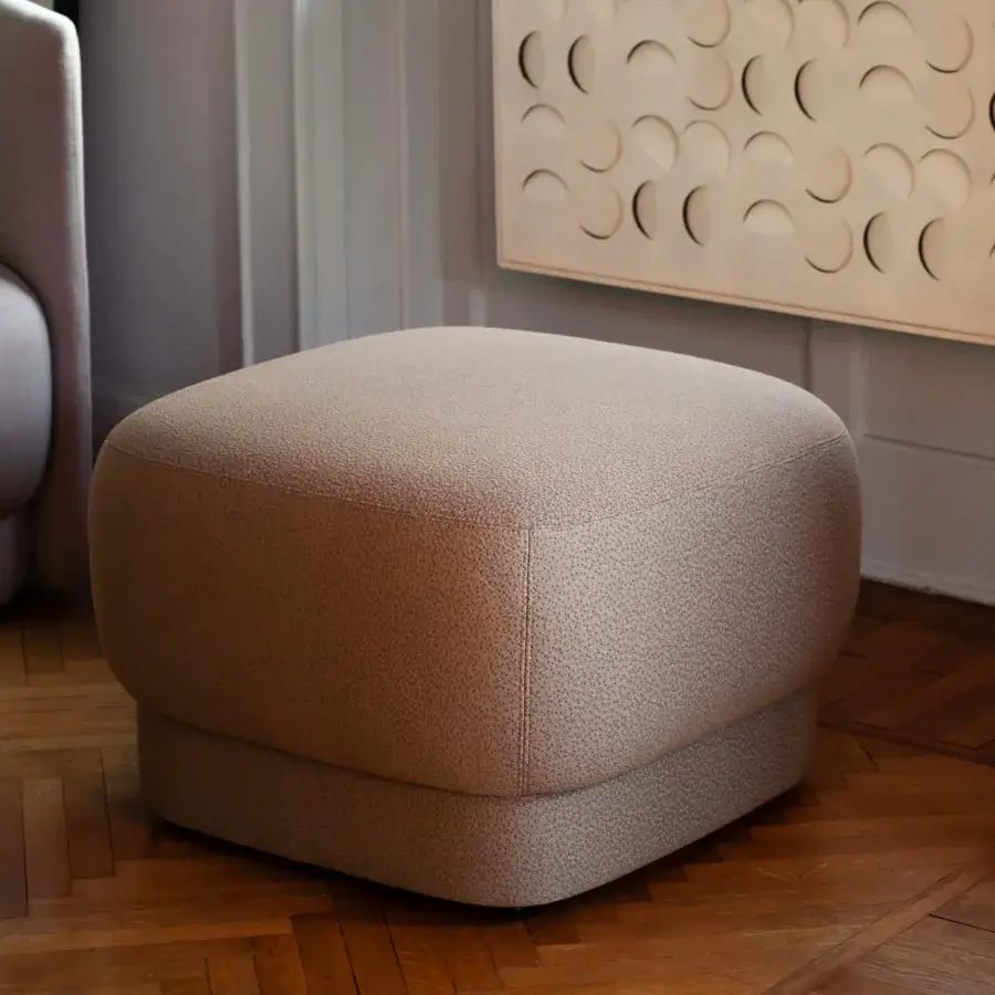 Superior Bross Velia ottoman with warm beige fabric upholstery and a delicate speckled pattern expertly crafted in Italy