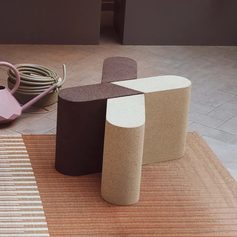 Exceptional Bross Slice modular coffee table with cork modules in terracotta, beige, and reddish-brown tones and matte finish