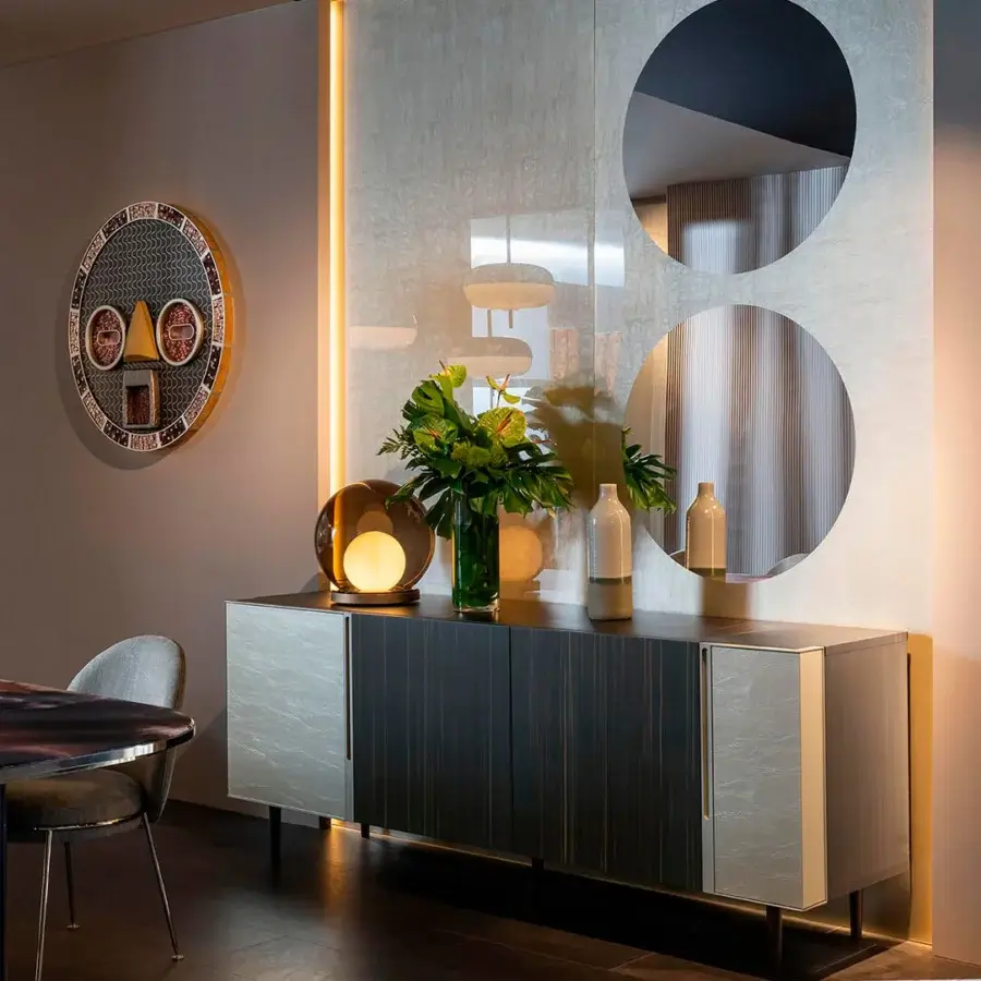 Distinguished Sicis Mask Capsule Collection cabinet handcrafted in Italy with natural wood, mosaic tesserae, and Vetrite glass in a dark gray satin finish