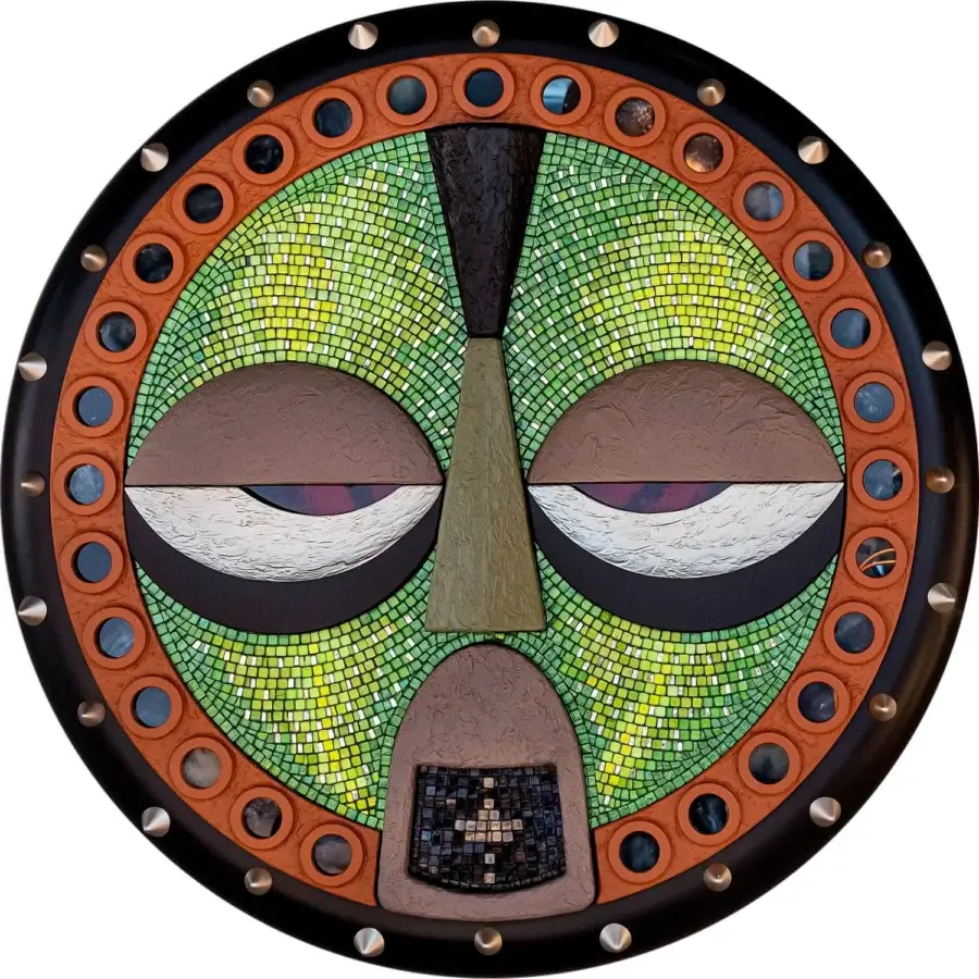Exclusive Sicis Mask Capsule Collection mask crafted in Italy with vibrant green Vetrite glass, natural wood and patterned frame