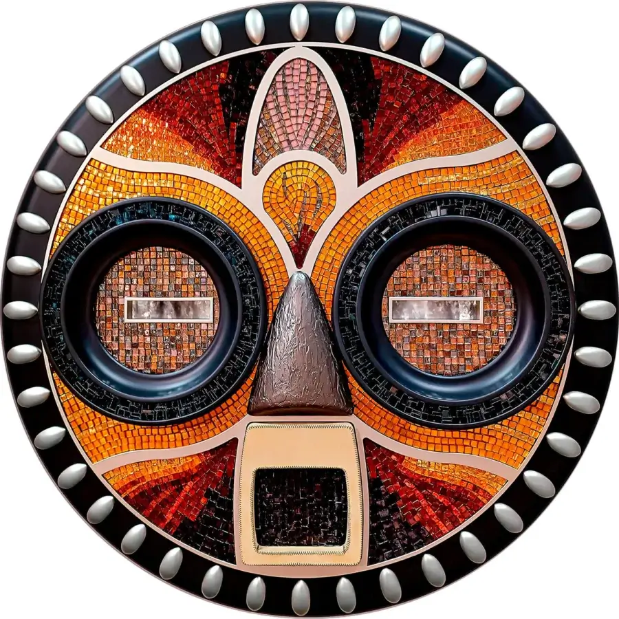 Remarkable Sicis Mask Capsule Collection mask handcrafted in Italy with orange and red Vetrite glass plus natural wood tesserae