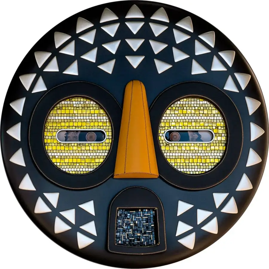 Superior Sicis Mask Capsule Collection mask handcrafted in Italy with dark wood, vibrant tesserae and luminous Vetrite glass inserts