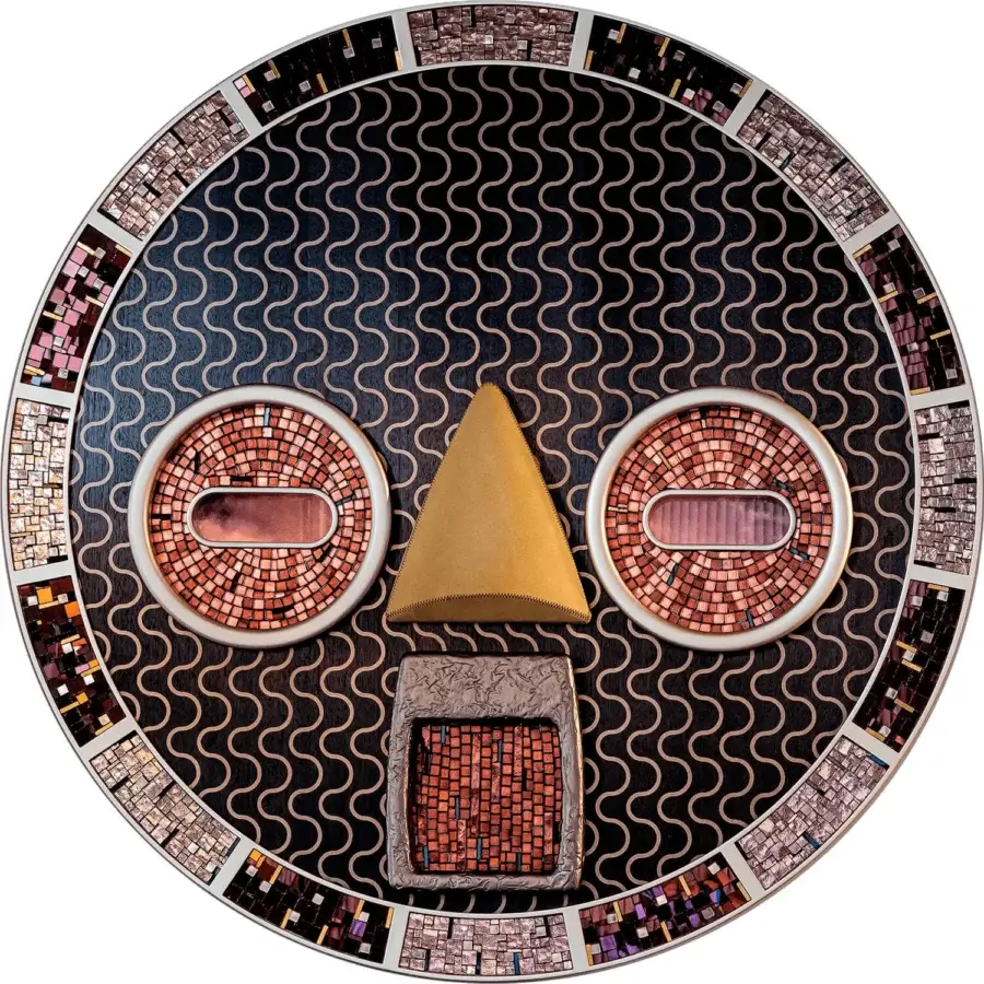 Distinguished Sicis Mask Capsule Collection mask with natural wood, gold mosaic tesserae, Vetrite glass, and a black wavy background
