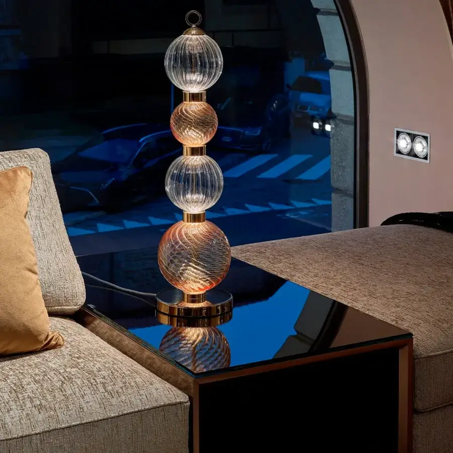 Exceptional Sicis Drop table lamp crafted in warm amber, orange and pyrex glass with satin-finished metal frame