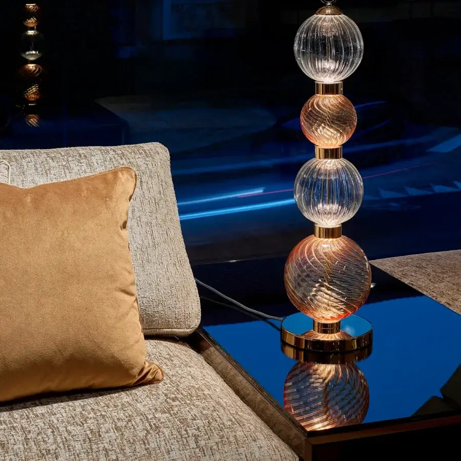 Superior Sicis Drop table lamp with stacked amber pyrex glass and satin-finished metal frame
