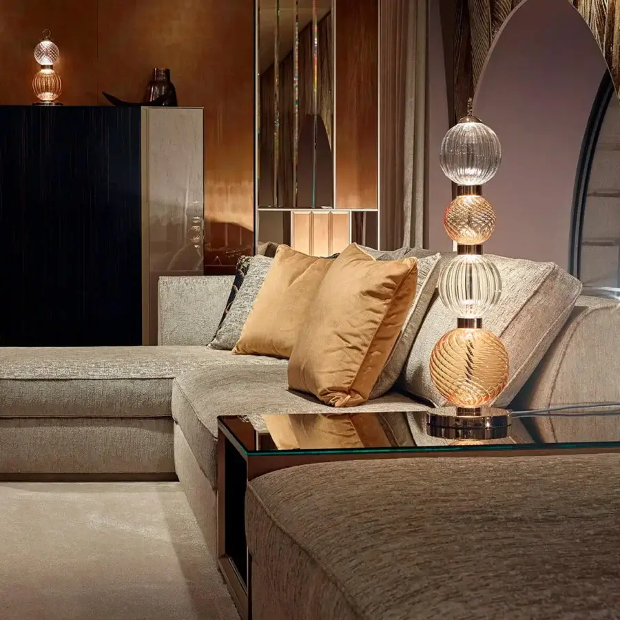 Elegant Sicis Drop table lamp with warm amber pyrex glass shades and satin-finished metal frame