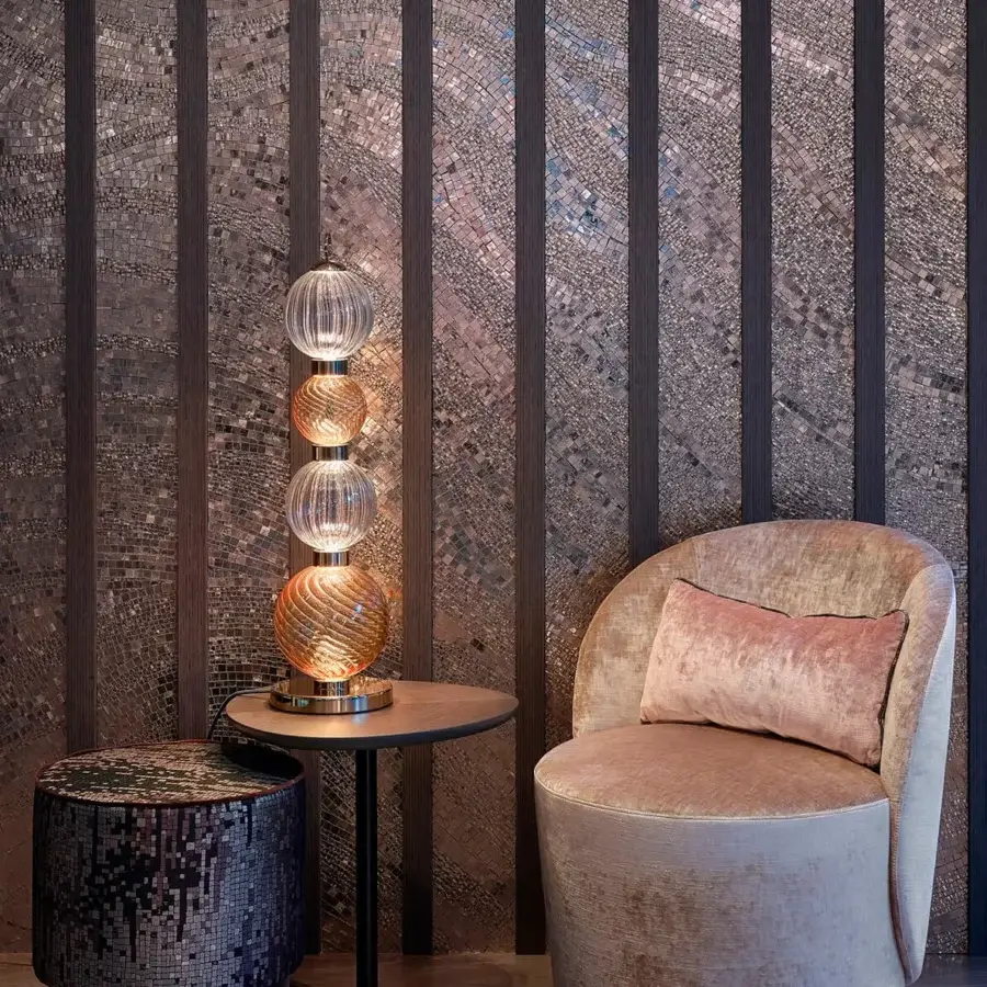 Distinguished Sicis Drop table lamp crafted in amber-toned pyrex glass with a satin-finished metal frame