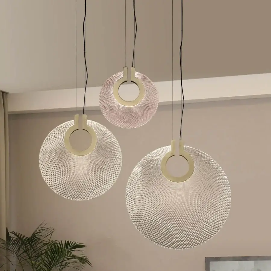 Exceptional Euroluce Corallo suspension lamp crafted in pale off-white glass with a satin gold-toned metal ring and hand-ground finish