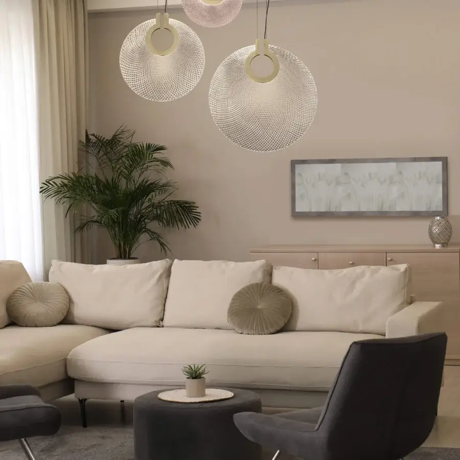 Distinguished Euroluce Corallo suspension lamp crafted in warm beige with a hand-ground matte texture and balanced circular form